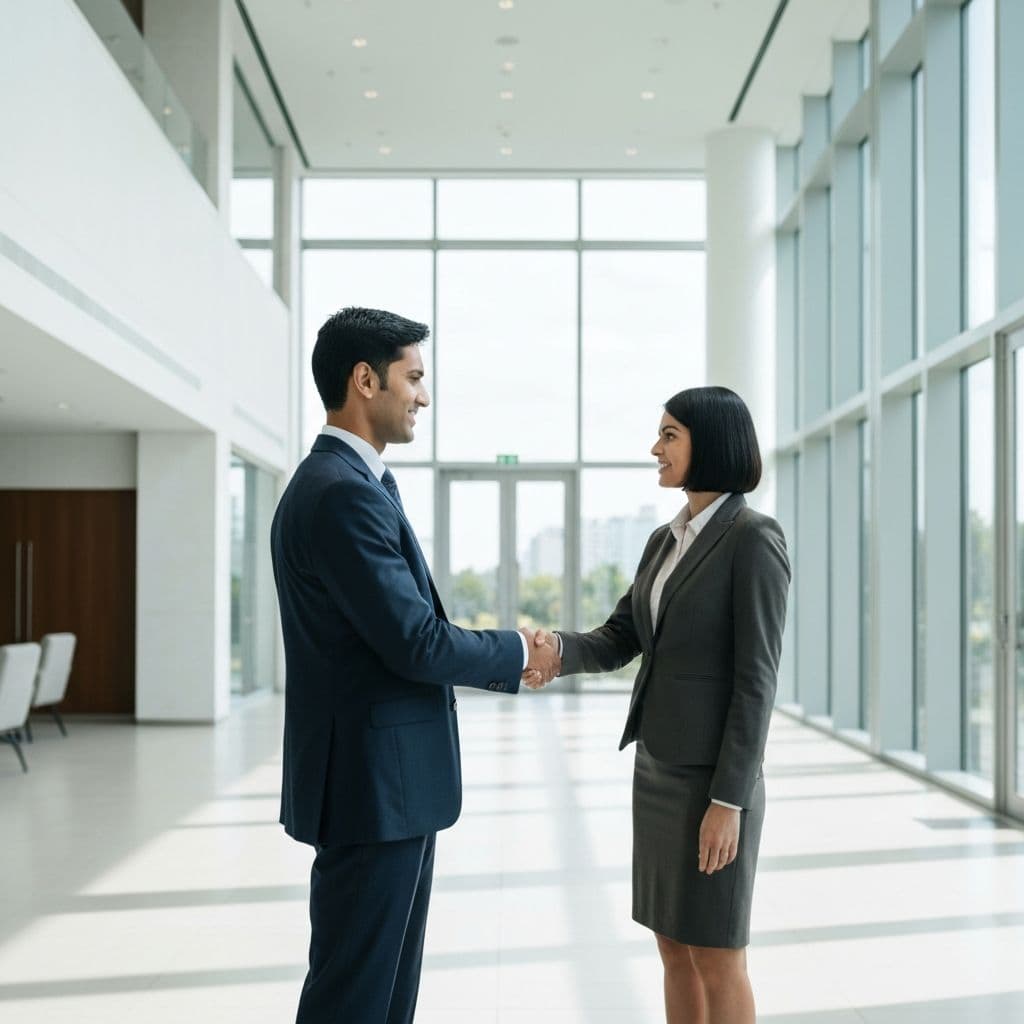 Professional handshake in modern office lobby demonstrating partnership and collaboration