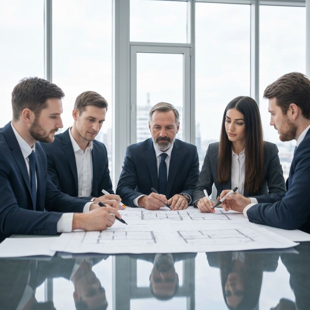 Construction professionals reviewing architectural blueprints and project plans