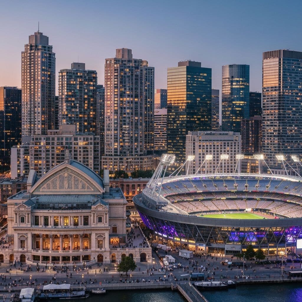 Diverse cityscape showing various building types