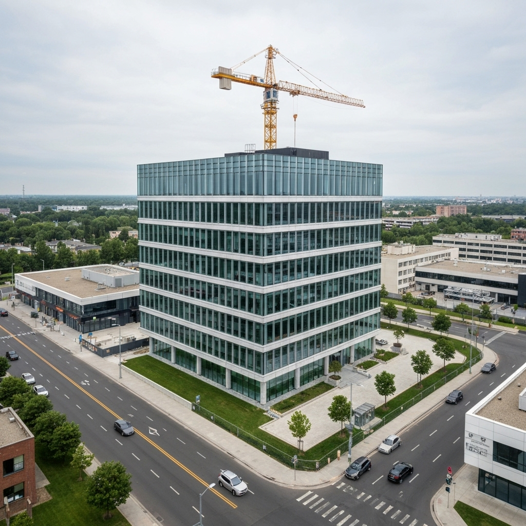 Commercial office building construction featuring modern glass facade and efficient workspace design