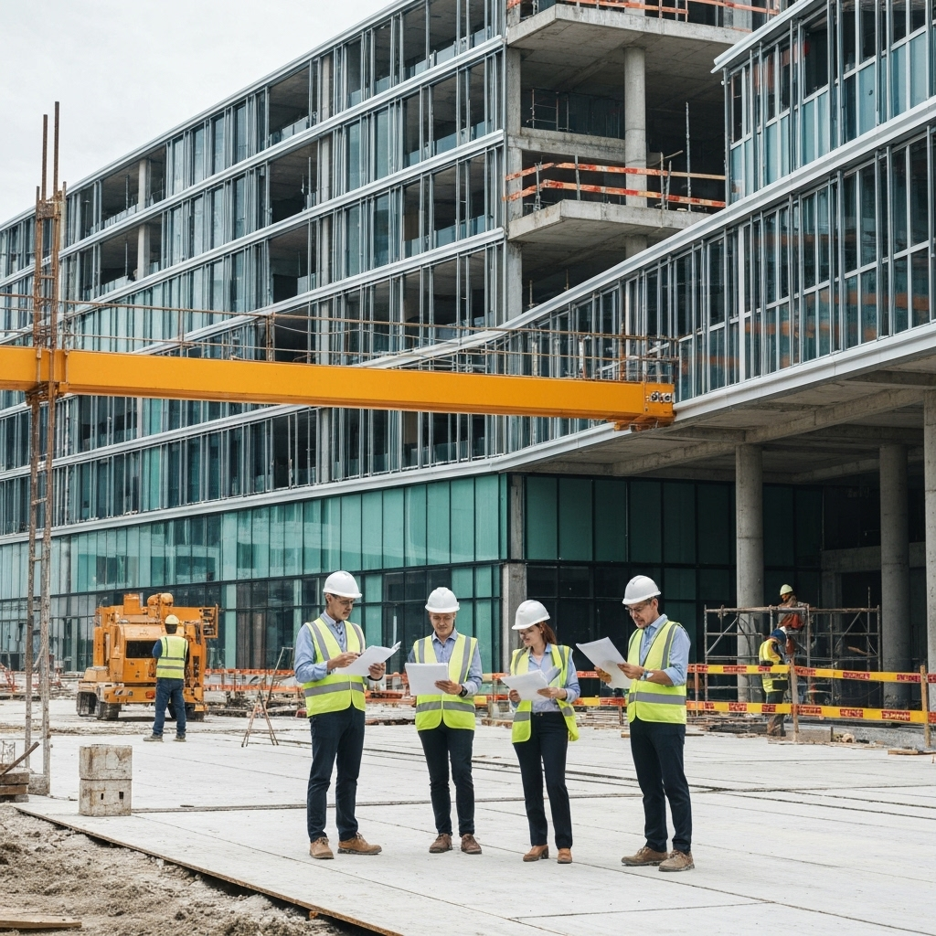 Construction quality control inspection with professional inspectors reviewing building progress