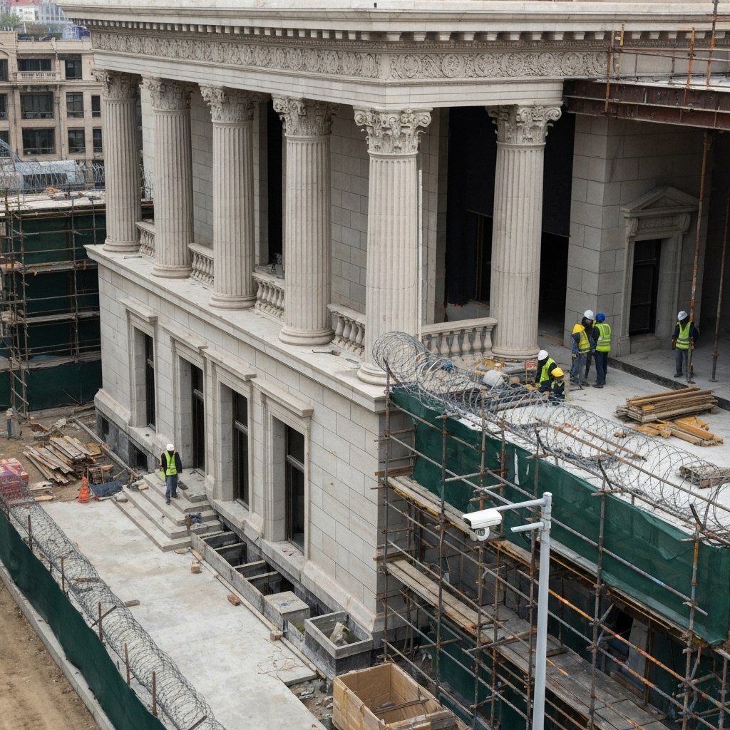 Civic government landmark building with classical architecture and modern security features