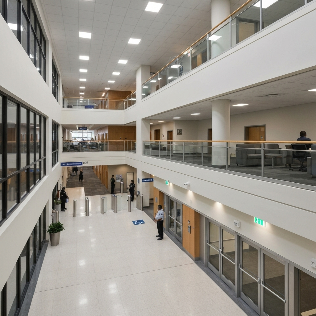 Government building interior with accessible public spaces and security features