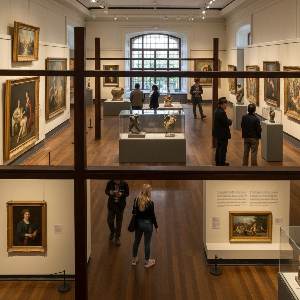Museum interior with art galleries and visitors experiencing cultural exhibitions
