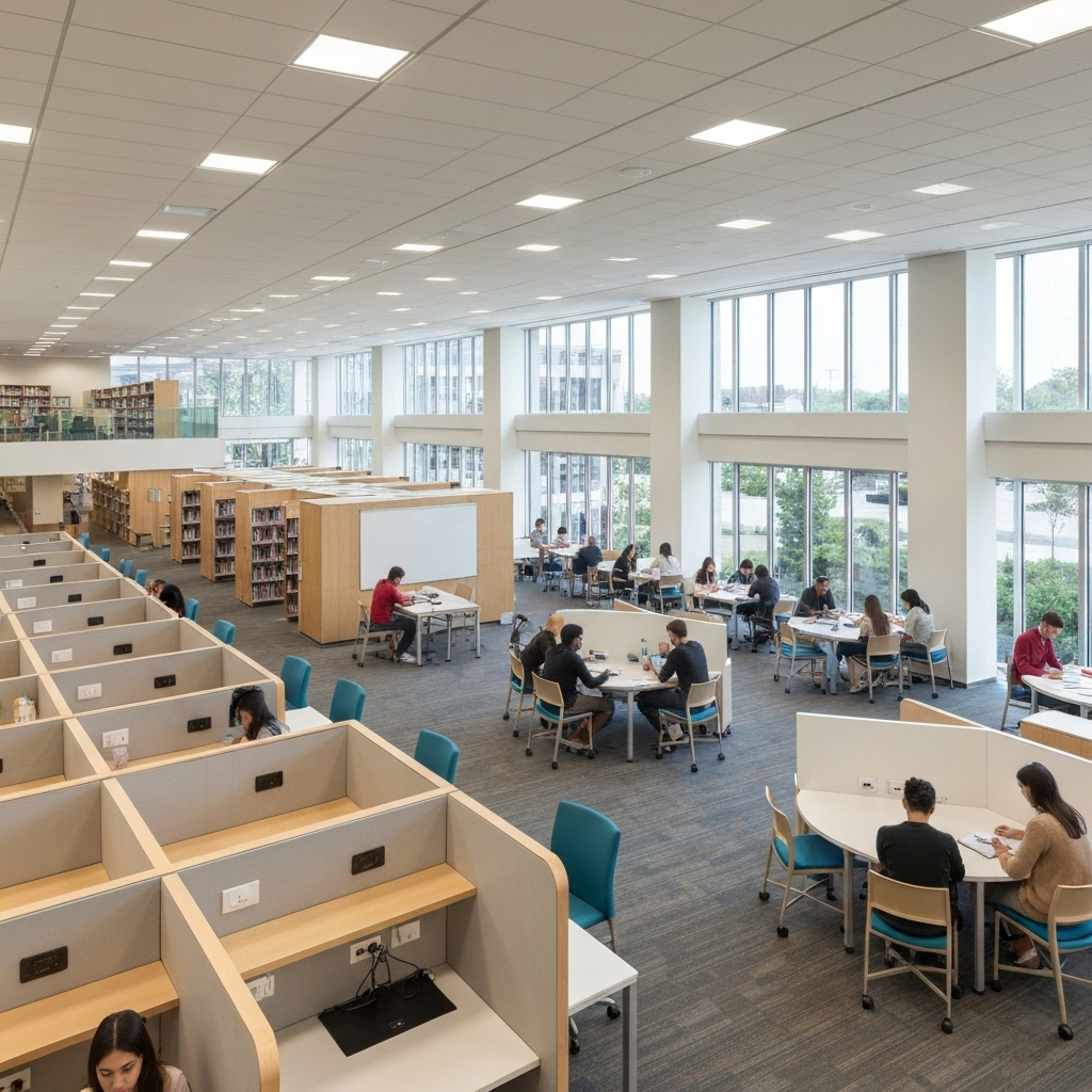 University library interior with modern study spaces and collaborative learning areas